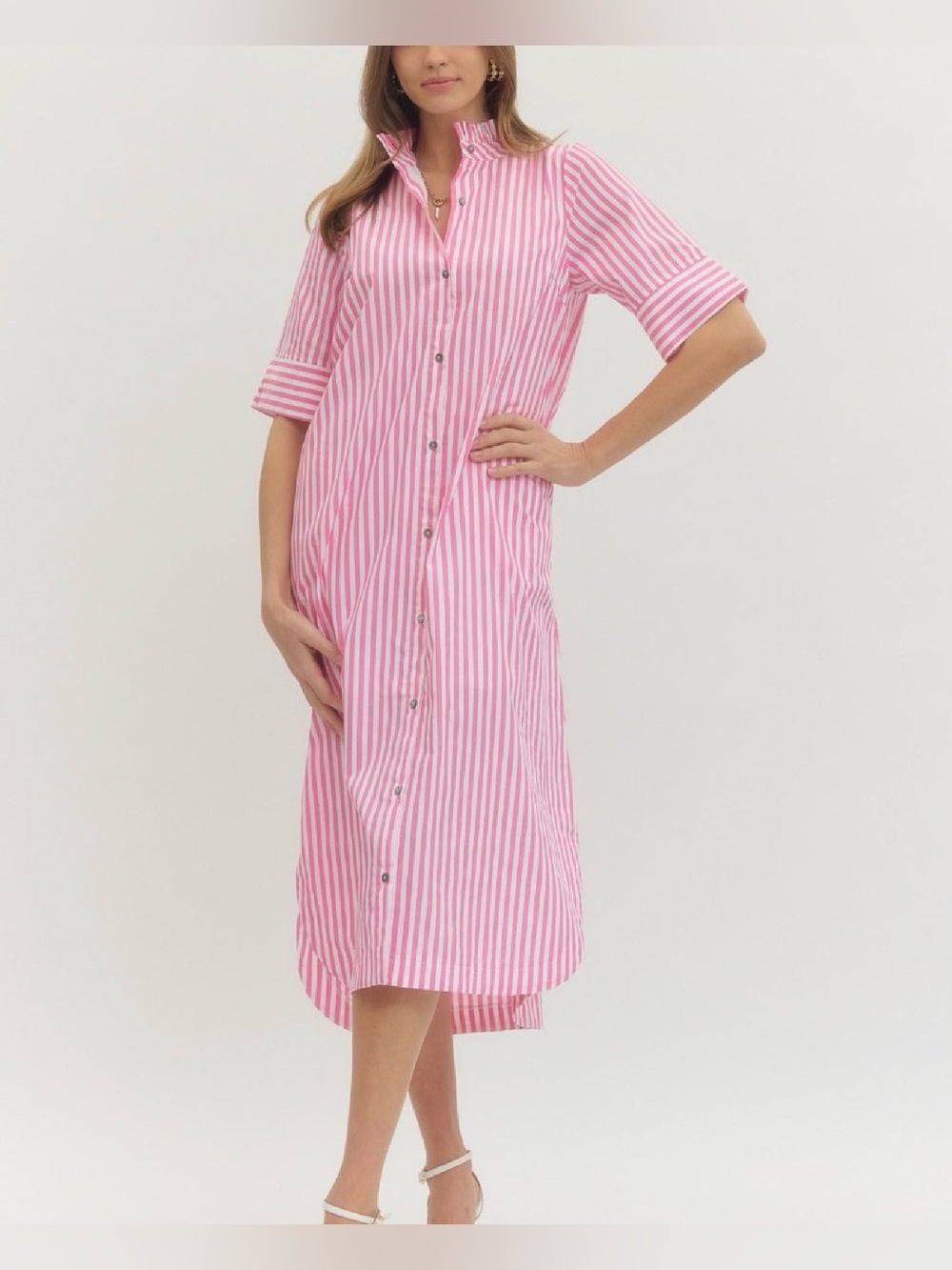 entro Pink and White Vertical-Strip Shirt Dress